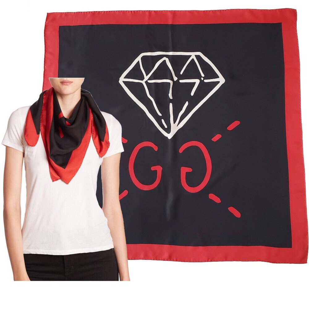 GUCCI SCARF LOGO DIAMOND PRINT BLACK SILK RED BORDER SQUARE 35"